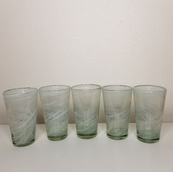 Hand Blown Art Glass White Swirl Tea Water Tumbler 16oz Set of 5 - Picture 7 of 9